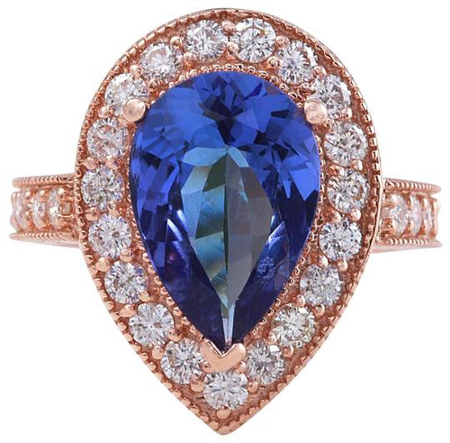 3.90 Carats Natural Very Nice Looking Tanzanite and Diamond 14K Solid Rose Gold Ring