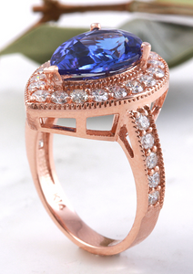 3.90 Carats Natural Very Nice Looking Tanzanite and Diamond 14K Solid Rose Gold Ring