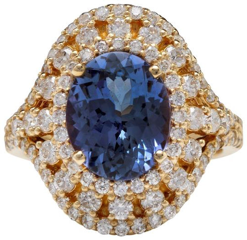 5.00 Carats Natural Splendid Tanzanite and Diamond 14K Solid Yellow Gold Ring