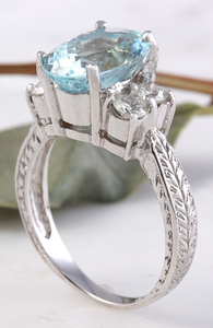 4.65 Carats Natural Aquamarine and Diamond 14K Solid White Gold Ring