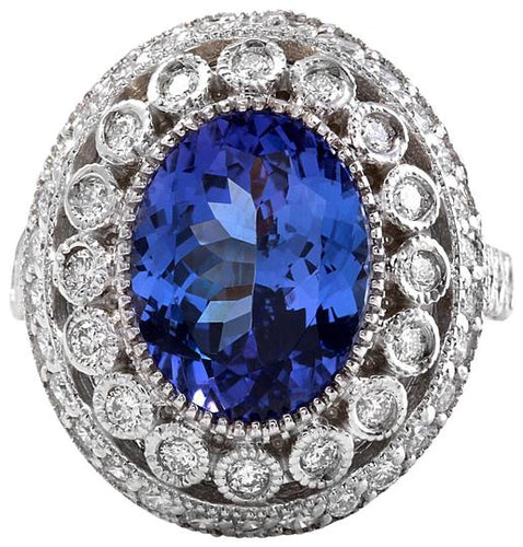 7.50 Carats Natural Very Nice Looking Tanzanite and Diamond 14K Solid White Gold Ring