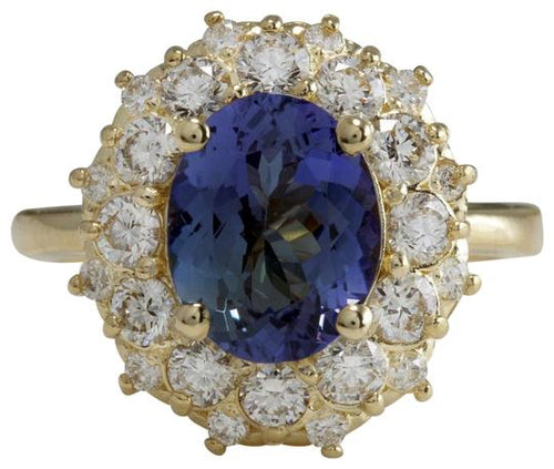 3.80 Carats Natural Very Nice Looking Tanzanite and Diamond 14K Solid Yellow Gold Ring