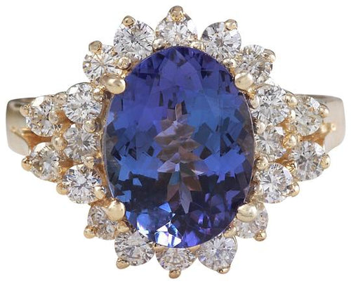 5.50 Carats Natural Very Nice Looking Tanzanite and Diamond 14K Solid Yellow Gold Ring