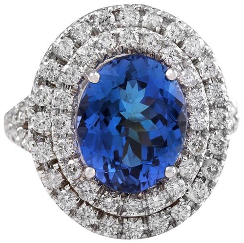 6.20 Carats Natural Very Nice Looking Tanzanite and Diamond 14K Solid White Gold Ring