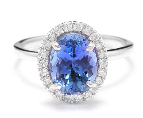 3.40 Carats Natural Very Nice Looking Tanzanite and Diamond 14K Solid White Gold Ring