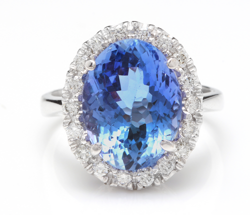 7.70 Carats Natural Splendid Tanzanite and Diamond 14K Solid White Gold Ring