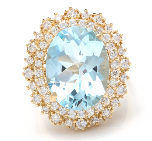 11.40 Carats Exquisite Natural Aquamarine and Diamond 14K Solid Yellow Gold Ring