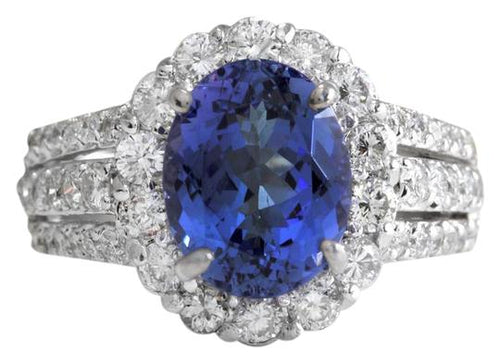 5.15 Carats Natural Very Nice Looking Tanzanite and Diamond 14K Solid White Gold Ring