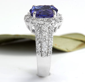 5.15 Carats Natural Very Nice Looking Tanzanite and Diamond 14K Solid White Gold Ring