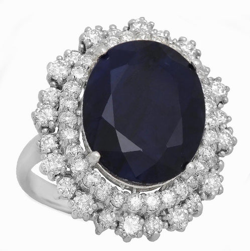 13.90 Carats Exquisite Natural Blue Sapphire and Diamond 14K Solid White Gold Ring