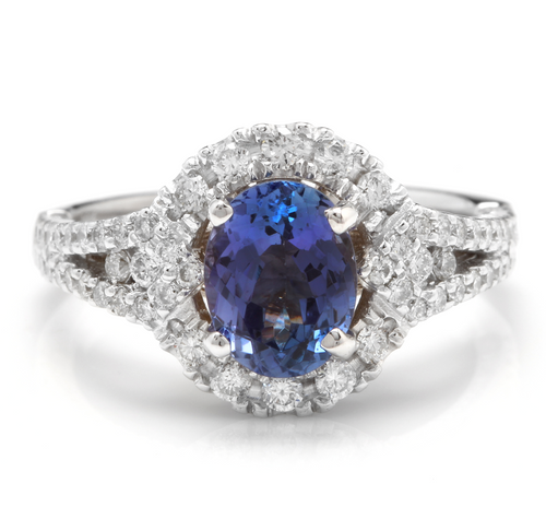 2.50 Carats Natural Very Nice Looking Tanzanite and Diamond 14K Solid White Gold Ring