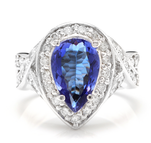 4.80 Carats Natural Very Nice Looking Tanzanite and Diamond 14K Solid White Gold Ring