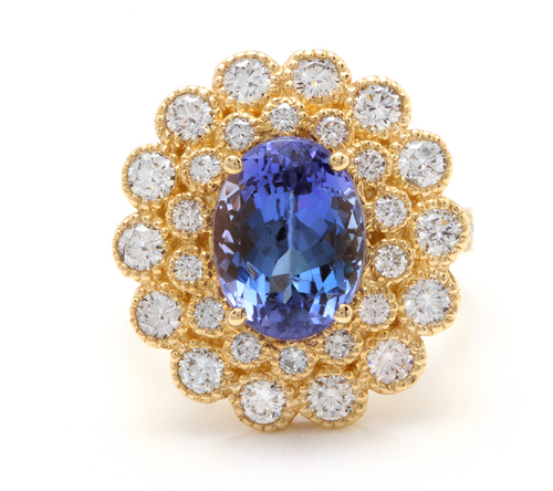 5.50 Carats Natural Very Nice Looking Tanzanite and Diamond 14K Solid Yellow Gold Ring