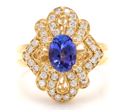 2.25 Carats Natural Very Nice Looking Tanzanite and Diamond 14K Solid Yellow Gold Ring