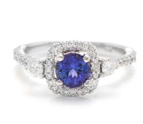 1.60 Carats Natural Very Nice Looking Tanzanite and Diamond 14K Solid White Gold Ring