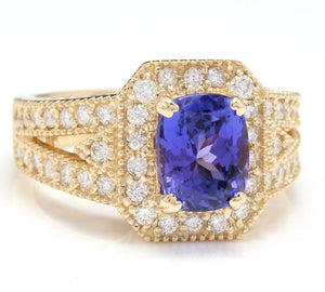 3.60 Carats Natural Very Nice Looking Tanzanite and Diamond 14K Solid Yellow Gold Ring