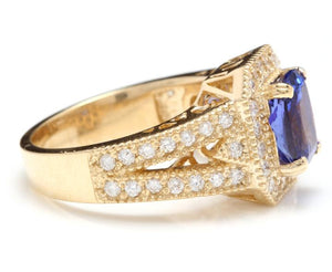 3.60 Carats Natural Very Nice Looking Tanzanite and Diamond 14K Solid Yellow Gold Ring