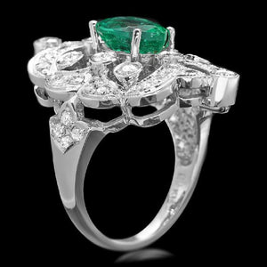 3.25 Carats Natural Emerald and Diamond 14K Solid White Gold Ring