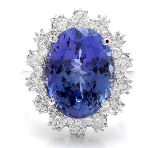 10.50 Carats Natural Very Nice Looking Tanzanite and Diamond 14K Solid White Gold Ring