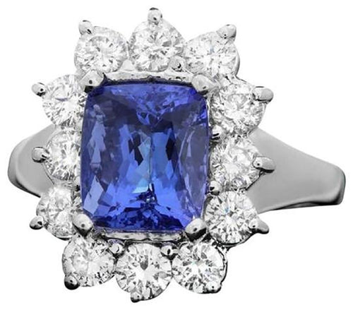 4.50 Carats Natural Very Nice Looking Tanzanite and Diamond 14K Solid White Gold Ring