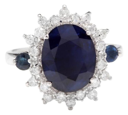 4.50 Carats Exquisite Natural Blue Sapphire and Diamond 14K Solid White Gold Ring