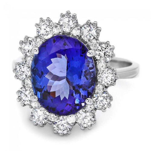 6.10 Carats Natural Very Nice Looking Tanzanite and Diamond 14K Solid White Gold Ring