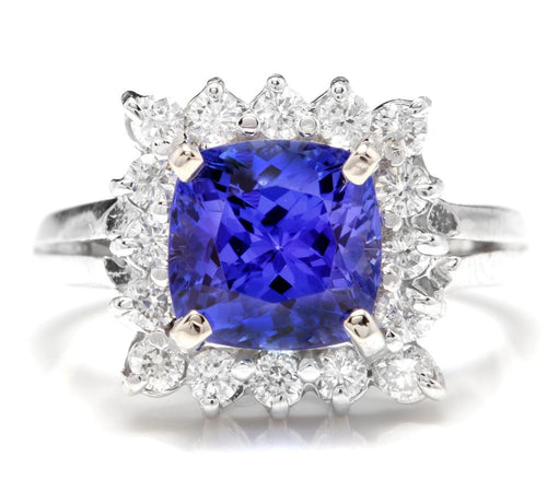 3.10 Carats Natural Very Nice Looking Tanzanite and Diamond 14K Solid White Gold Ring