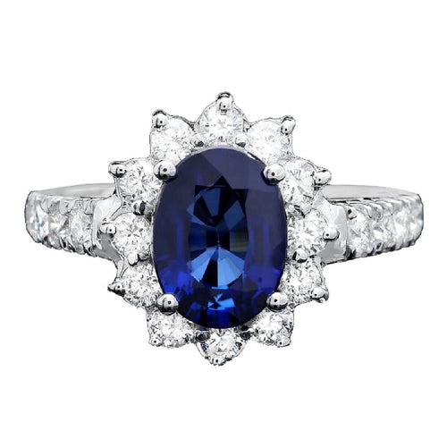 3.15 Carats Exquisite Natural Blue Sapphire and Diamond 14K Solid White Gold Ring