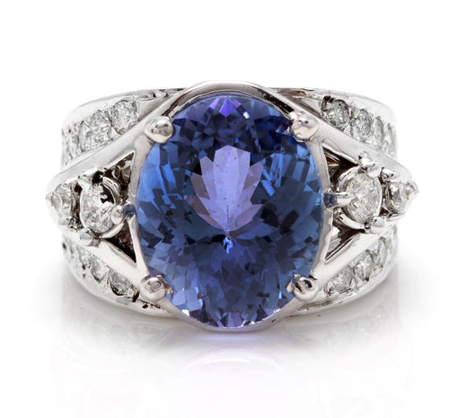 7.00 Carats Natural Very Nice Looking Tanzanite and Diamond 14K Solid White Gold Ring