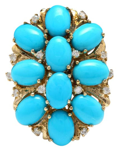 6.80 Carats Impressive Natural Turquoise and Diamond 14K Yellow Gold Ring