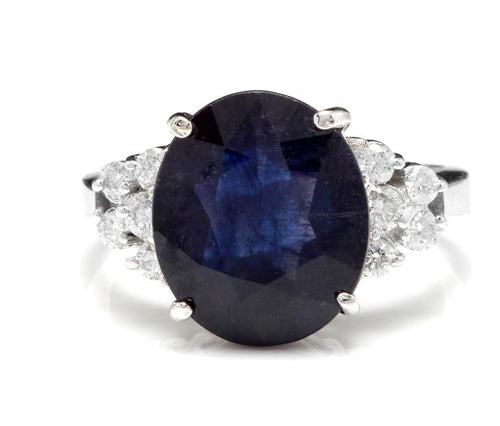 9.60 Carats Exquisite Natural Blue Sapphire and Diamond 14K Solid White Gold Ring