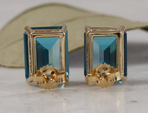 Exquisite Top Quality 7.45 Carats Natural London Blue Topaz 14K Solid Yellow Gold Stud Earrings