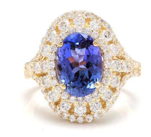 5.50 Carats Natural Splendid Tanzanite and Diamond 14K Solid Yellow Gold Ring