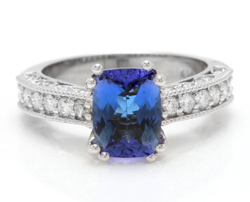 2.80 Carats Natural Very Nice Looking Tanzanite and Diamond 14K Solid White Gold Ring