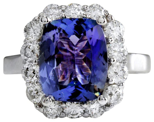 5.65 Carats Natural Very Nice Looking Tanzanite and Diamond 14K Solid White Gold Ring