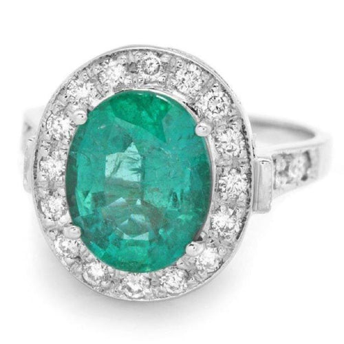 4.00 Carats Natural Emerald & Diamond 14k Solid White Gold Ring