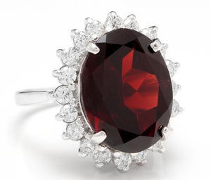 11.05 Carats Impressive Red Garnet and Natural Diamond 14K White Gold Ring