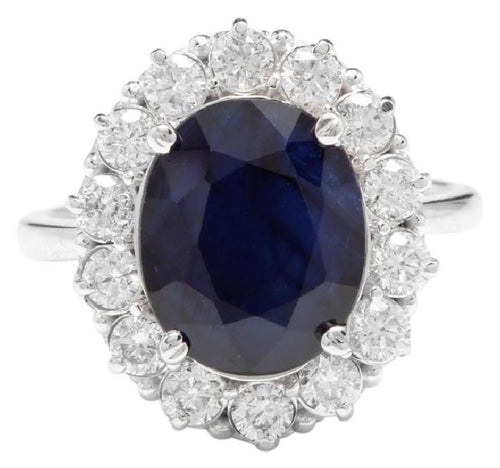 8.65 Carats Exquisite Natural Blue Sapphire and Diamond 14K Solid White Gold Ring